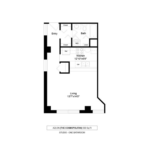 Floor plan for studio, 1 bath, 500 sqft